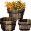 Adnee 3 Pcs Wooden Whiskey Barrel Planters - 3 Sizes Wooden Bucket Barrel Garden Planters Set - Rustic Flower Planters Pots Container for Indoor Outdoor Garden Home Plants(5.3",7.3",8.3")