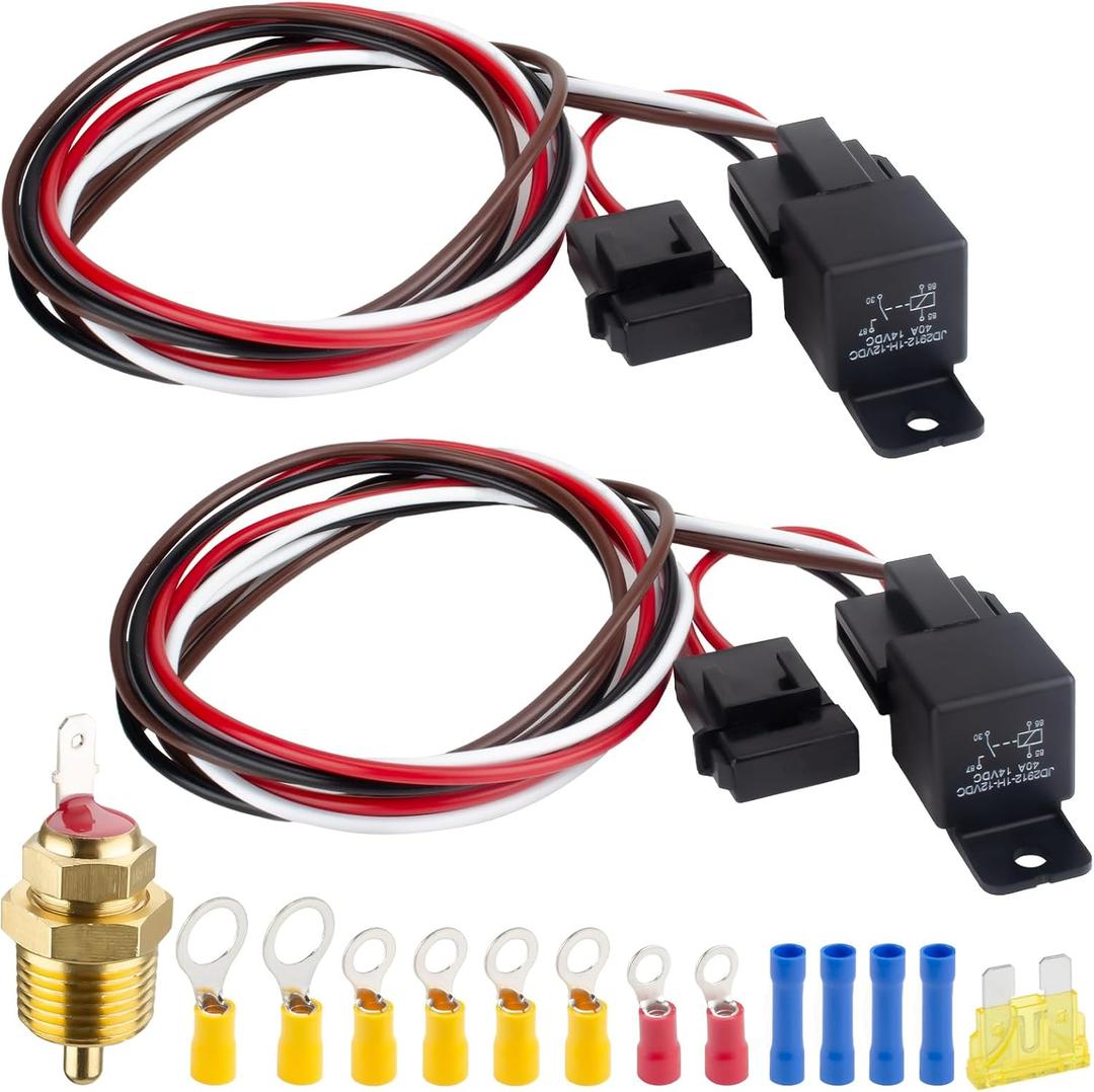 2 PCS Electric Fan Relay Kit, Dual Electric Fan Relay Kit, 185 On 175 Off Thermostat Switch 40A Relays, 12V Cooling Radiator Fan Relays Wiring Kits for Replacing Faulty Wiring, Truck Engine Cooling