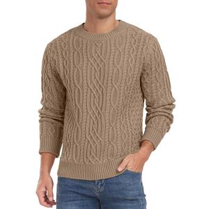 Askdeer Men's Cable Knit Pullover Sweater Long Sleeve Crew Neck Knit Sweater Soft Casual Sweaters with Ribbing Edge Khaki