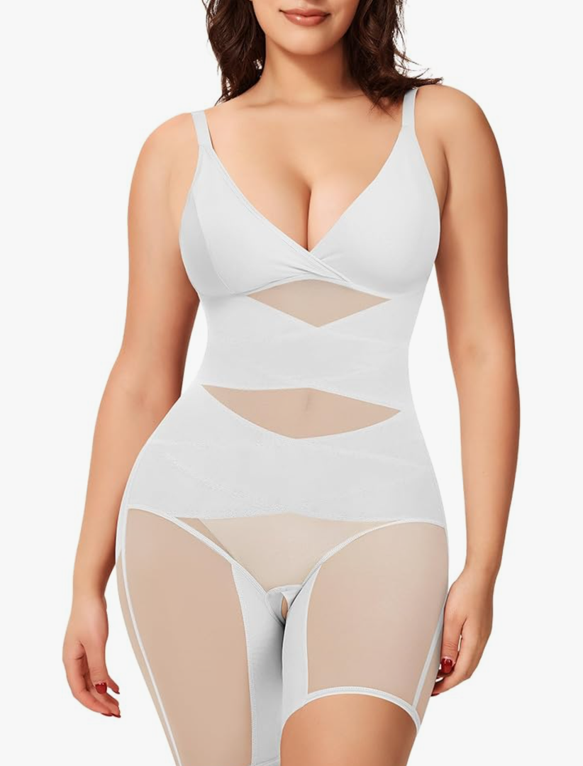 KUMAYES Shapewear Bodysuit for Women - Tummy Control Butt Lifter Fajas Body Shaper V-Neck Body suit Waist Trainer Large