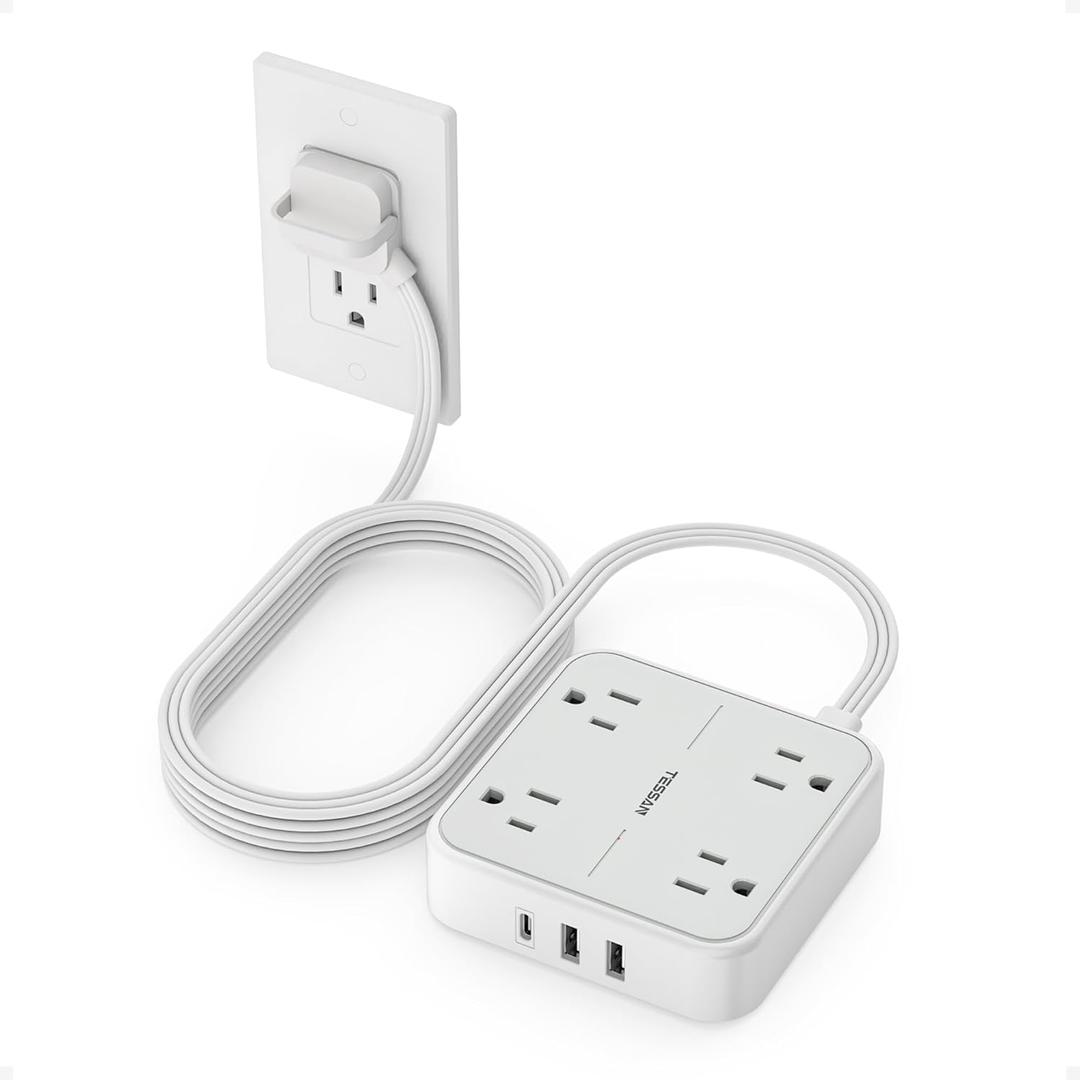 Surge Protector Power Strip, TESSAN Ring Pull Flat Plug Extension Cord 10 Ft with 3 USB (1 USB C) 4 Outlets, 900 Joules Protection, Desktop Charging Station for Home, Office, College, Dorm Room, Gray (Grey)