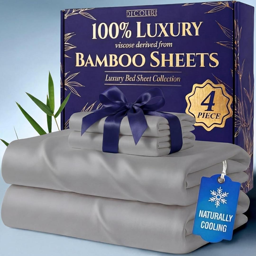 DECOLURE 100% Viscose Derived from Bamboo Sheets California King Size - Luxury 4 Pc Naturally Cooling Sheets, Ultra Soft Bed Set - Deep 17" Pockets, Double Stitching, Oeko Tex Standard (Midgrey)