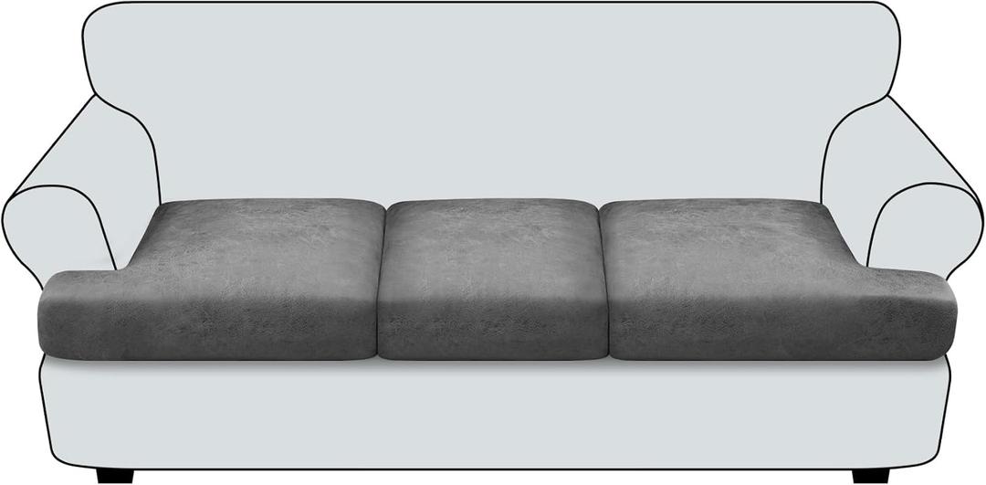 T Cushion Sofa Slipcovers Leather-Look 3PC Stretch Sofa Cushion Covers for 3 Cushion Couch Individually Couch Seat Covers with Elastic Bands, Pet-Friendly, Non-Slip, Easy Fit - Grey