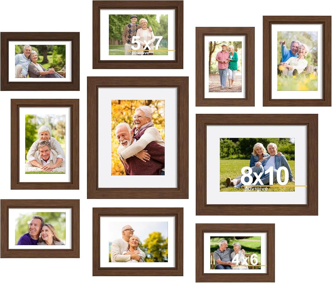 Povrgive Picture Frames, Made of Real Glass and Wooden Frame, Gallery Photo Frames Set of 10 for Collage Wall Decor, Multi Sizes Including 8x10, 5x7, 4x6 for Mounting or Tabletop Display, Dark Brown