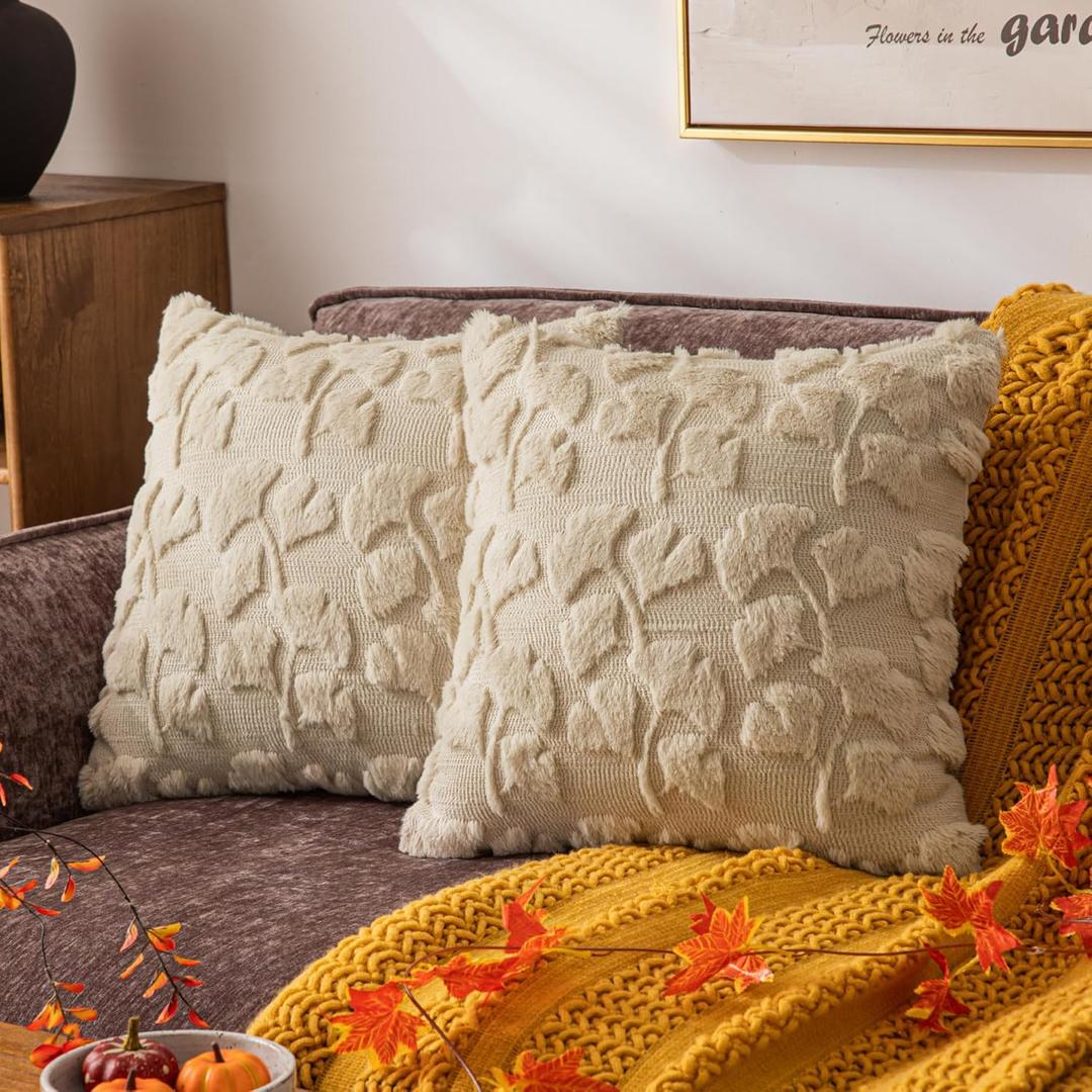 Beige Fall Leaf Throw Pillow Covers 18x18 Inch Set of 2, Soft Faux Fur Ginkgo Patterned Accent Pillow Cases for Couch Sofa Farmhouse Autumn Harvest Holiday Decorations