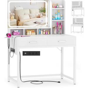 Small Vanity Desk, Vanity Desk with Mirror and Lights, Makeup Vanity Desks with Power Strip, Vanity Table with Drawers and Shelves, Adjustable Lighting, Dressing Table for Bedroom Dressing Room, White