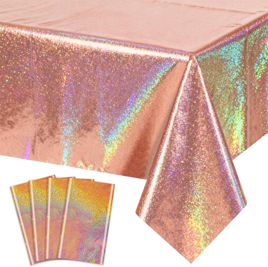 4Pcs Rose Gold Holographic Tablecloths Rectangular Pink Iridescent Tablecloth Shimmer Metallic Table Covers for Girls Women Rose Gold Birthday Decorations, 54 x 108Inch