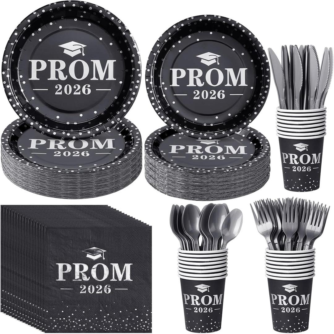 Graduation Party Supplies Plates and Napkins Serve 25,Prom Send off 2026 Disposable Paper Plates and Napkins Set Cups Knives Spoon for Class of 2026 Graduation Party Decorations Black and Silver