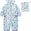 Kids Toddler Rain Suit for Boys Girls One Piece Hoodie Zipper Cartoon Waterproof Coverall Rain Jacket 1-10 Years (Blue, L)