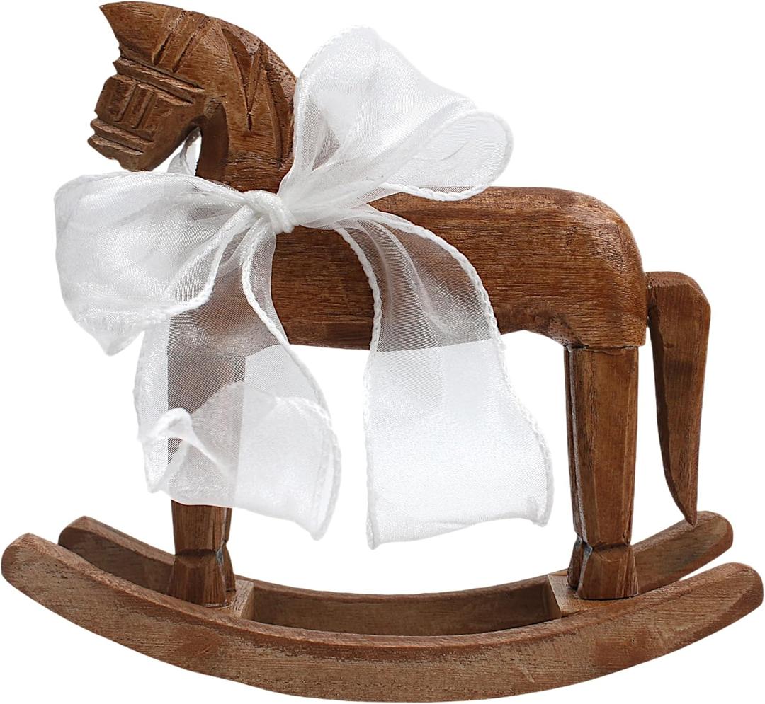 Wooden Rocking Horse for Cake Topper & Decor with Ribbon, Vintage Statue, Desk Centerpiece, Unique Collectible Decorative Figurine Ornament for Table Holiday Season Decoration Housewarming Gift, B