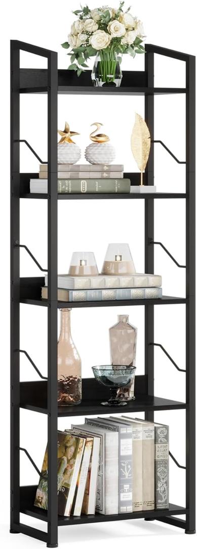 Hosfais 5 Tier Tall Bookshelf: Industrial Wood Book Shelf with Edge Protection Metal Narrow Bookshelf Bookcase Storage Organizer Display Rack for Living Room Home Office (Black)