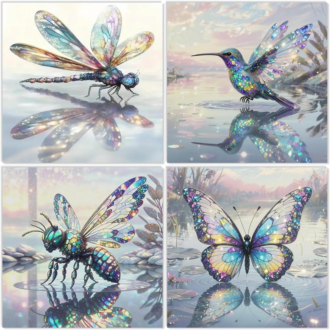 MBNTJHT 4 Pack DIY Diamond Art Kits for Adults,Butterfly Hummingbird Diamond Painting Kits,Full Round Drill Crystal Dragonfly Bee Gem Painting Art Crafts for Home Decor Gifts 14X14 Inch.