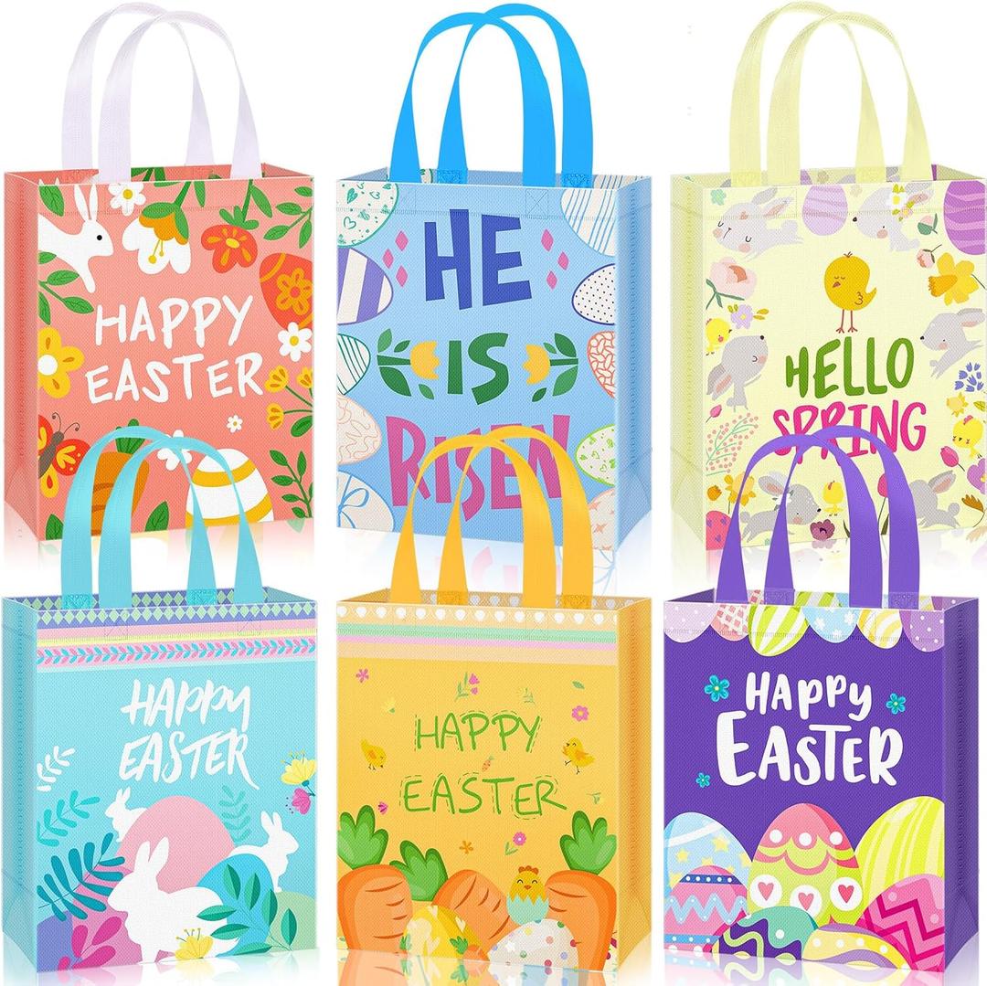 Clysee 18 Pcs Easter Gift Bags 10.2" x 8.3" Non Woven Easter Tote Bags with Handle Large Easter Bulk Treat Bags for Easter Holiday
