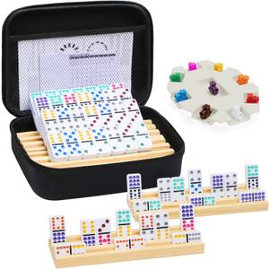 Mexican Train Dominoes Set with 4 Wooden Trays/Racks, Double 12 Dominos Travel Set with 4 Domino Tiles Holders, 91 Tiles Double 12 Colored Dominoes Game Set with Portable Case for Families Kids