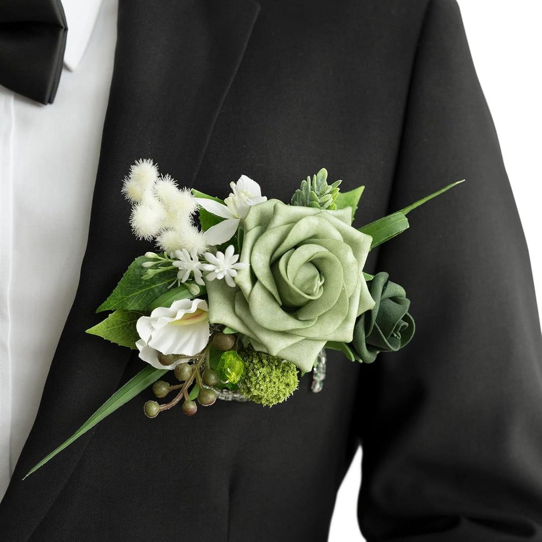 Ling's Moment Pocket Boutonniere Single, Boutonniere for Men Groom for Wedding, Prom, Homecoming, Anniversary, Graduation, etc.Green Beige (6" W x 5" H, Grn-green & Beige)
