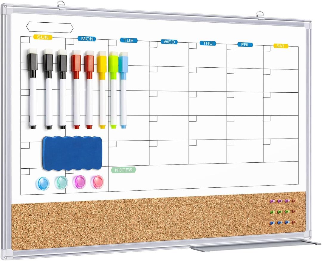 Calendar Whiteboard Dry Erase Cork Board Combo for Wall, 24" x 18" Monthly Magnetic Calendar White Board and Bulletin Board for Office, Kitchen, School, Home (Style A)