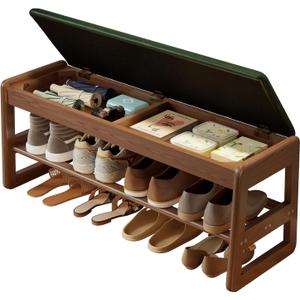 AQIMUELE Shoe Bench with Storage, Wooden 2 Tiers with Flip-Top,Green,39.3", 11.8"D x 39.3"W x 15.7"H