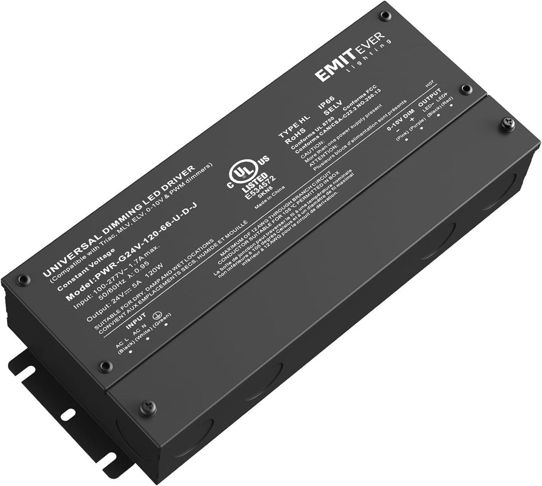 EMITEVER 120W Dimmable LED Driver, 24V Triac Dimmable Power Supply, AC to DC Transformer for LED Light, Compatible with Lutron and Leviton Dimmer, Waterproof IP67 and UL Listed