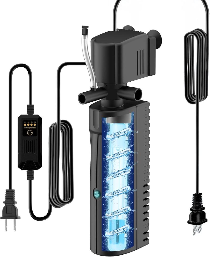 Aquarium U-V Filter for Green Water, Fish Tank Filter with Timer, Filter for Turtle Tank, Internal Filter with Dual Water Outlet & Aeration, Fish Filter for 70-100 Gallon Tank