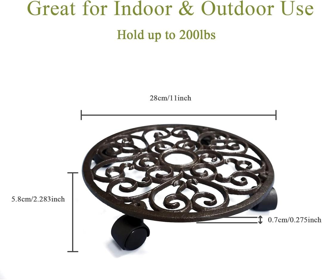 FLORWOD 2 x Heavy Duty Cast Iron Plant Pot Holder 11" Flower Stand Round Planter Holder with 4 x 360° Castors, 1 Pack