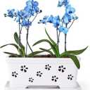 10 Inch Rectangle Ceramic Orchid Pot with Holes & Saucer - White, Effective Drainage & Ventilation for Indoor Orchids