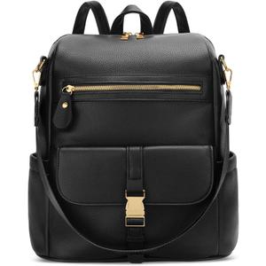 KKXIU Backpack Purse for Women - PU Leather Ladies Backpack for Daily with Anti-Theft Lock Pocket, Small Daypack with Luggage Strap & Water Bottle Pockets (Black, Medium)