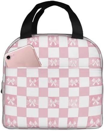 DADABULIU Lunch Bag Pink Check Bow Pattern Insulated Lunch Box Cooler Tote for Adults Student Boys Girls Women Men Work Office School Picnic Beach Reusable Lunchbox Over 3 Years Old