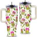 Pickle Gifts - Funny Pickle Themed Tumbler 40oz with Handle and Straws, Leak-proof, Stainless Steel Insulated Travel Coffee Mugs for Pickles Lovers, Pickled Food Enthusiasts Gifts Birthday Cup