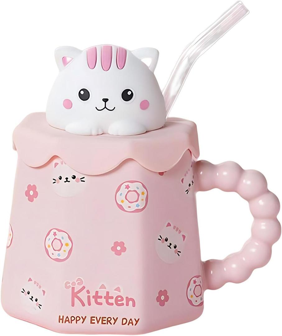 Mark Cup with a Straw Animal Print Stuff Gifts 14oz Ceramic Tea Coffee Cup Kawaii Mugs Funny Animal Mug Cat Mug Birthday Gifts for Women Girls Kids Lovers (Pink-Cat)