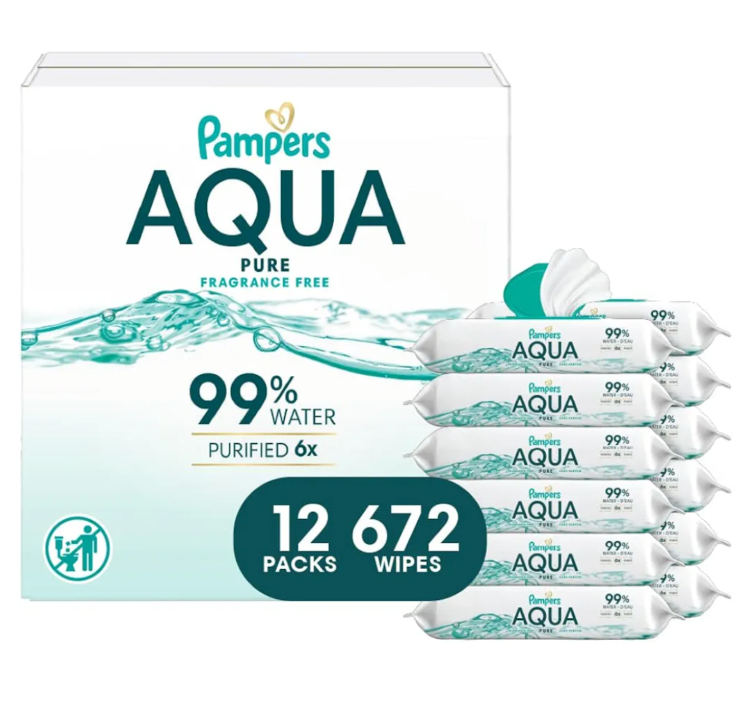Pampers Baby Wipes Aqua Pure, 99% water-based wipes, Hypoallergenic and Unscented Baby Wipes, 672 Wipes Total (12 Flip-Top Packs)