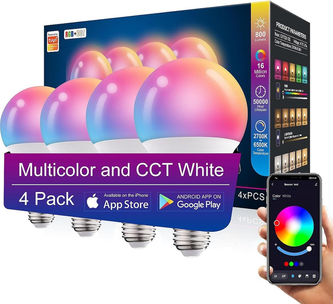 4 Pack Smart Light Bulbs,WiFi & Bluetooth LED Light Bulb That Works with Alexa & Google Home, Color Changing Light Bulb, 10W A19 E26 2.4Ghz WiFi Light Bulbs 60 watt Equivalent, 800lm Dimmable