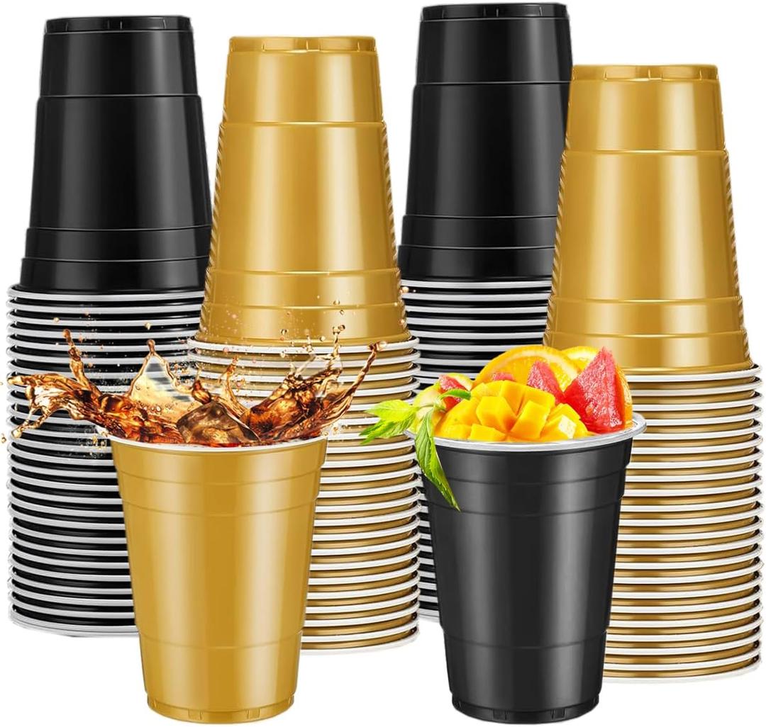 100PCS 16 oz Plastic Graduation Cups for Party - Disposable Black & Gold Cups,Heavy Duty Drinking Cup for Birthday,Wedding, Baby Shower,Festive Celebrations,Barbecues (Black & Gold)