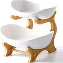 Liywall - 2 Tier Ceramic Fruit Bowl With Bamboo Wood Stand for Kitchen Counter,Porcelain Fruit Basket for Vegetable Storage,Snack Dessert Cake Tray Plate Rack for Party Wedding - White