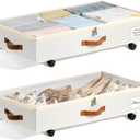 Under Bed Storage with Wheels Set of 2, Underbed Storage Container with Clear Lid Cover, 6.7 Inches Height Rolling Under Bed Drawer Storage Basket Bin Shoe Organizer for Cloth Sheet Sweater (Beige)