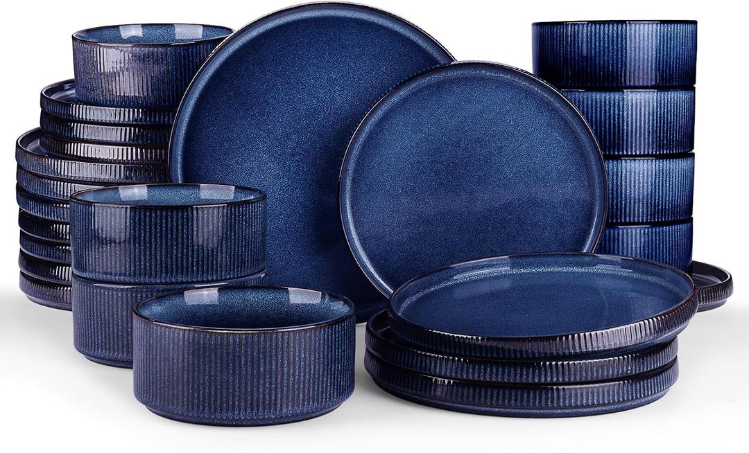 Famiware Star 24-Piece Plates and Bowls Set with Trim, Service for 8 - Stoneware Reactive Glaze Dinnerware, High Edge Ribbed Dishes, Chip & Scratch Resistant, Microwave & Dishwasher Safe, Nebulas Blue