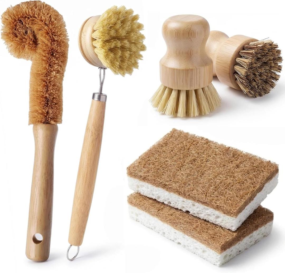 Natural Bamboo Dish Brush Set - 6 PCS Kitchen Cleaning Brush Kit with 4 Utensil Brushes and 2 Coconut Fiber Dish Sponges, for Cleaning Pots, Pans, Dishes, Bottles, Vegetables, and Fruits