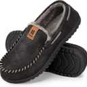 HomeTop Men's Suede Memory Foam Moccasin Slippers Soft Plush Warm Lining House Shoes (8, Black)