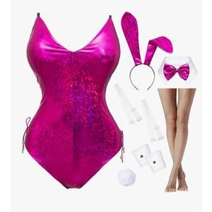 Womens Bunny Costume Girl Bodysuit Holographic Shining Suit Sparkle Costume Senpai Cosplay Bodysuit One Piece stockings Set, 2XL