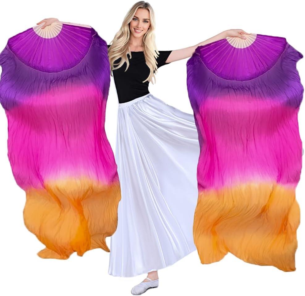 1 Pair(Left+Right) Women Hand Made Real Silk Belly Dance Fan Veils, Gradient Color Length 180cm Width 90cm (Purple rose orange)