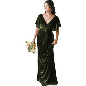 SYYS Ruffle Sleeves Bridesmaid Dresses Long Empire Waist Velvet Winter Wedding Guset Dress SYYS368 (24 Plus, Olive)