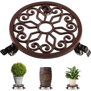 IDZO Heavy Duty Trolley Capacity 350 lbs Planter Caddies with Wheels Heavy Duty Cast Iron Plant Stand with Lockable Wheels Plant Stand 12 Inch Simple Style Dark Brown