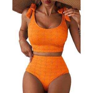 Herseas Women's Tummy Control Bikini Sets Push Up Top Seashell Textured Tie Straps Swimsuits High Waisted Scoop Neck Bathing Suits Sporty 2 Piece Sets 2026 Summer Beach Outfits Orange Medium