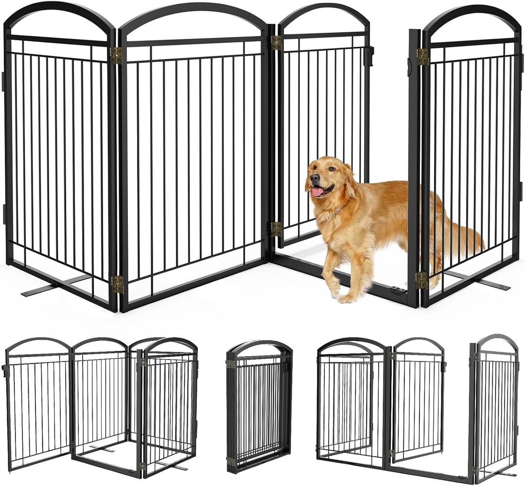 Full Metal Free Standing Dog Gate with Door for Outdoor Indoor,96'' Extra Wide 36'' Tall Dog Gates for Doorways,Large Openings,Decks,Porch,Freestanding Portable Pet Fence(4 Panels,Black) 