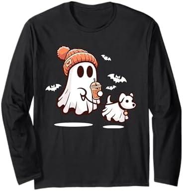 Retro Funny Ghost Walking Dog Spooky Season Halloween Long Sleeve T-Shirt L