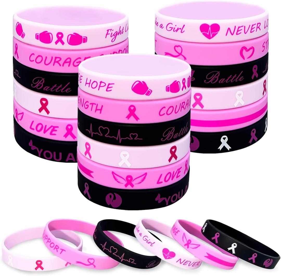 30PCS Breast Cancer Awareness Silicone Wristbands Pink Ribbon Bracelets Hope Faith Strength Accessories Women Party Supplies Favors.
