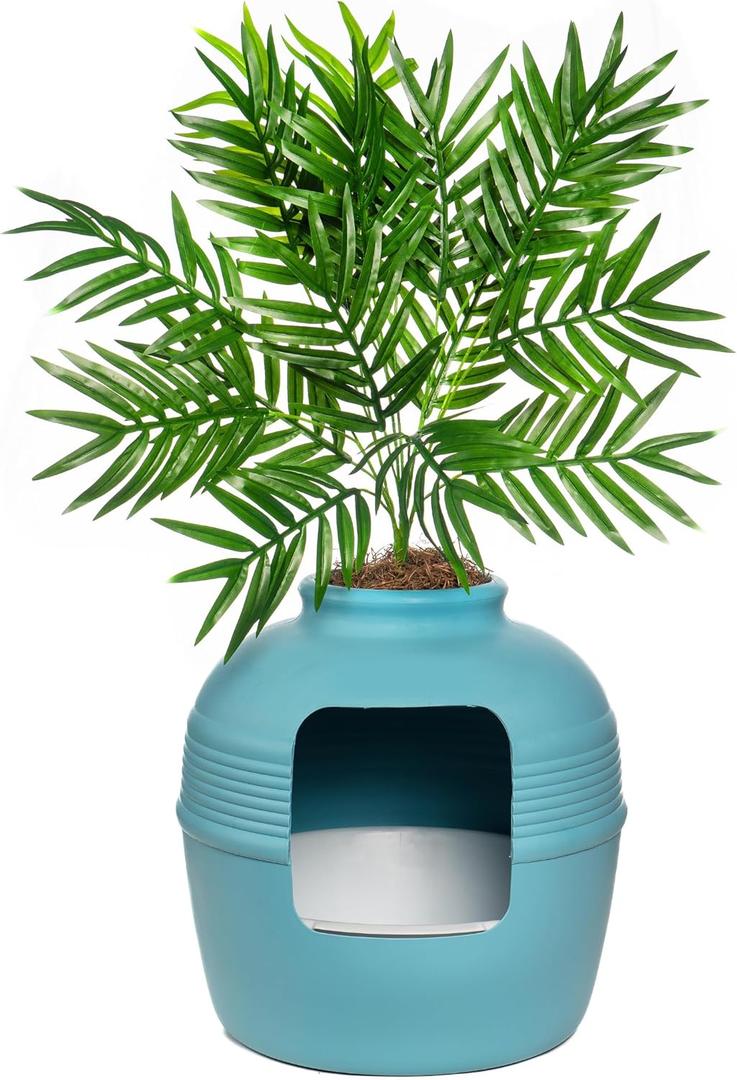 Good Pet Stuff Hidden Cat Litter Box Enclosure with Artificial Plant, Decorative Round Planter, Removable Tray, Charcoal Filter Odor Control, Easy-to-Clean, Made in USA, Essentials Kit, Blue