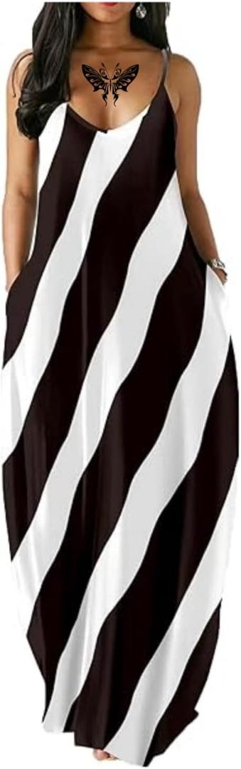 Women's Summer Maxi Dress Long Dress Casual Boho Sleeveless Strap Smocked Tiered Long Beach Sun Dresses, Size L