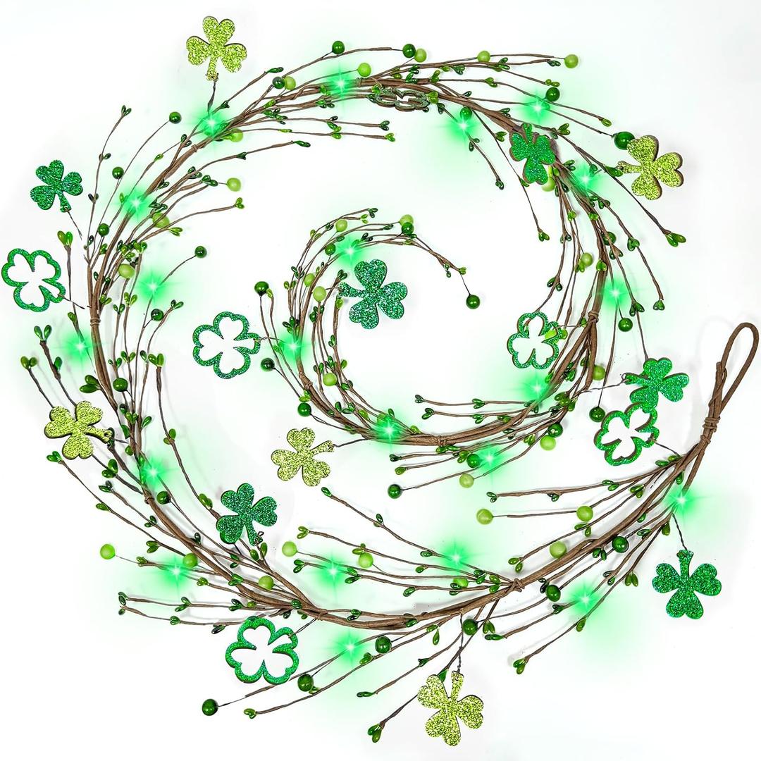 Timer - Lighted St Patricks Day Garland St Patricks Day Decorations, 6 Ft Shamrock Garland with 20 Green Lights Berried Artificial Clover Garland Irish St. Patrick's Day Decor for Home Mantle Table