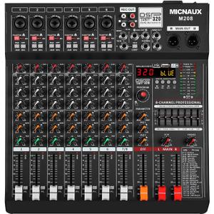 Audio Mixer 8 Channel Professional Sound Console Music Mixer with 320 DSP Effects, 7-band EQ DJ Mixing Board w/USB, Bluetooth, 48V Power Supply, PAD Button for Recording Karaoke PA Drum Live
