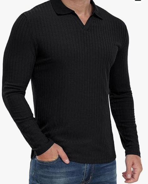 Askdeer Men's Muscle Polo Shirts V Neck Slim Fit Ribbed Long Sleeve Golf Collar Shirt Knit Casual Tee, Black, Small